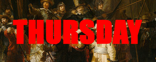 With the nightwatch as a backdrop, word flash in bold colors with the address
and time of a party